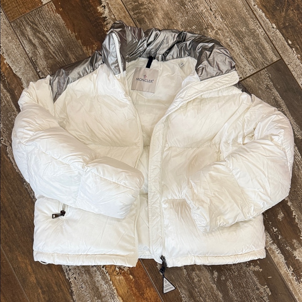 Moncler Puffer Jacket in White and Silver